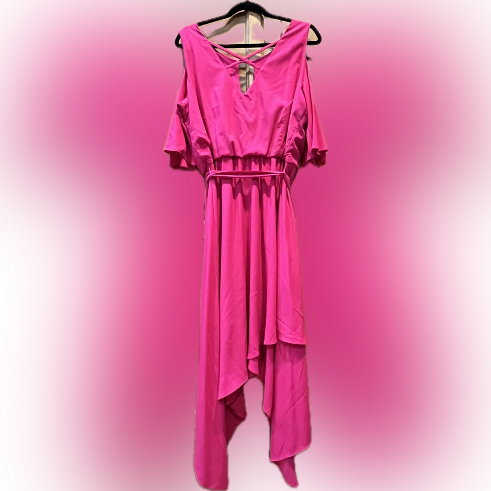 LANE BRYANT HOT PINK COLD SHOULDER DRESS with ASYMETRICAL HEM, NWT